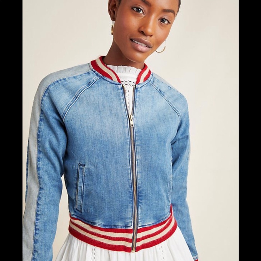 MOTHER The Runner Letterman Stripe Denim Jacket